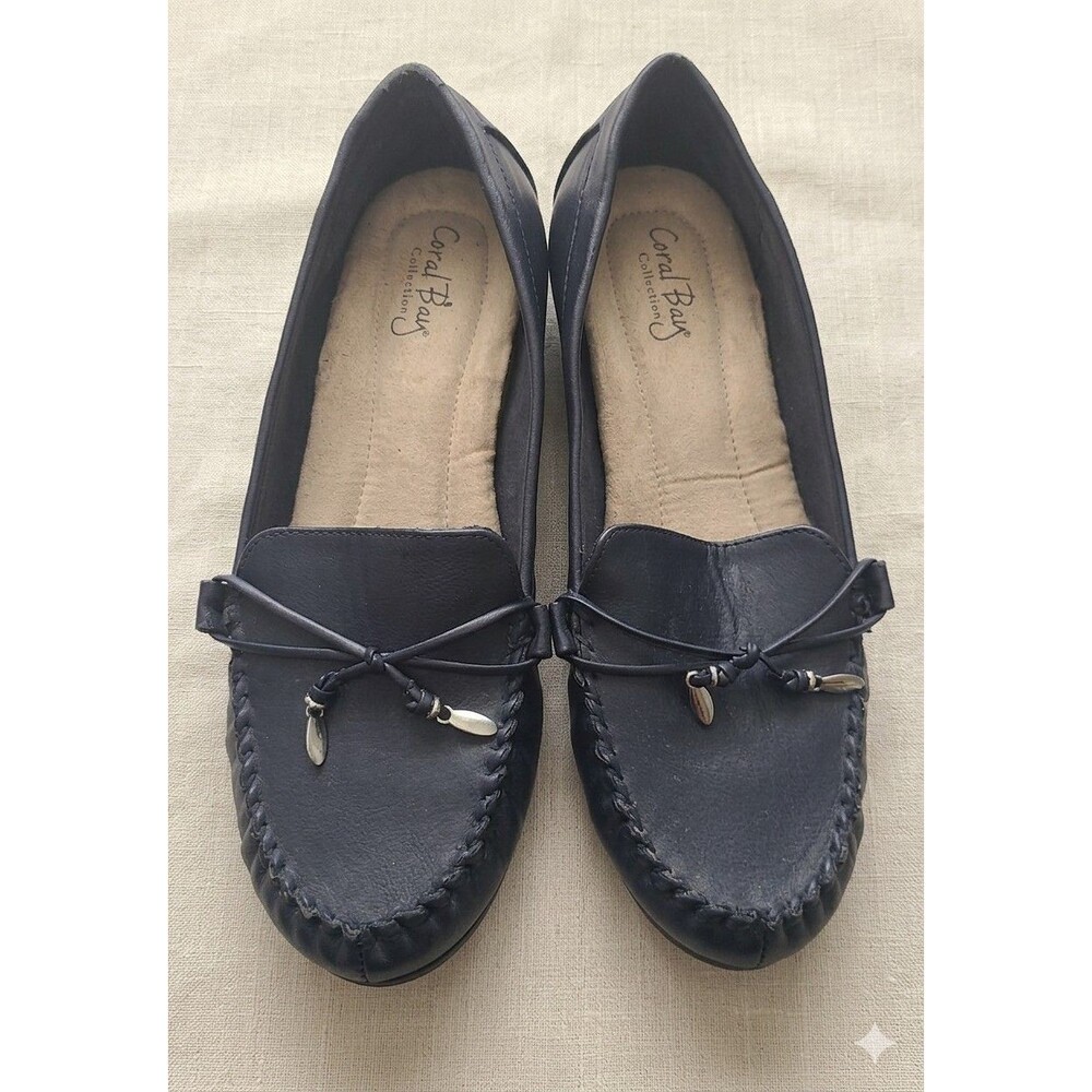 Coral Bay Navy Leather Loafers Womens 7.5 Slip On Comfort Flats Excellent Condit